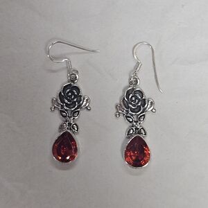 Faceted Teardrop Dangle Earrings Orange Faux Stone Rose 925 Silver